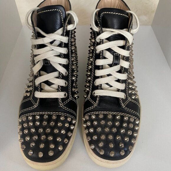 AUTH Christian Louboutin Black Louis Flat Calf Stud Spike Hi Top Sneakers 37.5 - Picture 2 of 12